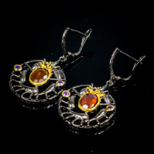 Срібні сережки з натуральними помаранчевими Опалами і Аметистами