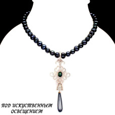 Серебряное ожерелье с натуральным черным Жемчугом Опалом и Cz