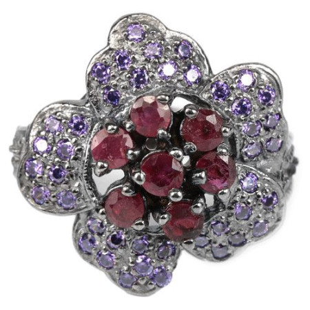 Серебряное кольцо с Рубинами и Cz "Рубиновый Цветок"
